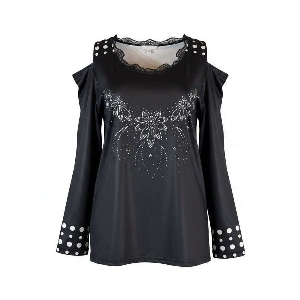 Unbranded Women Black White Polka Dot Cold Shoulder Lace Trim Blouse Size L